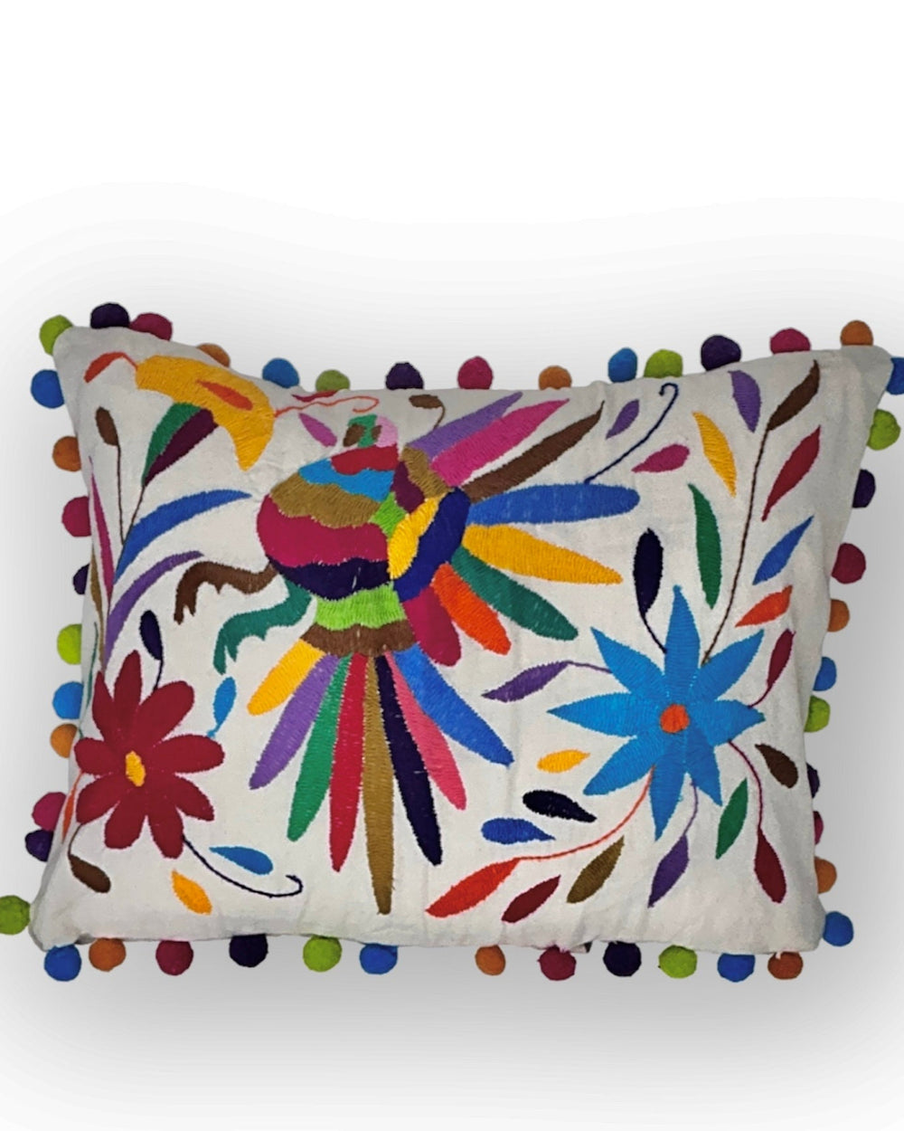 Cojín lumbar bordado Otomí de 13"x17" – Bordado de arcoíris y pompones y color marfil | Cojín mexicano hecho a mano, decoración bohemia para el hogar