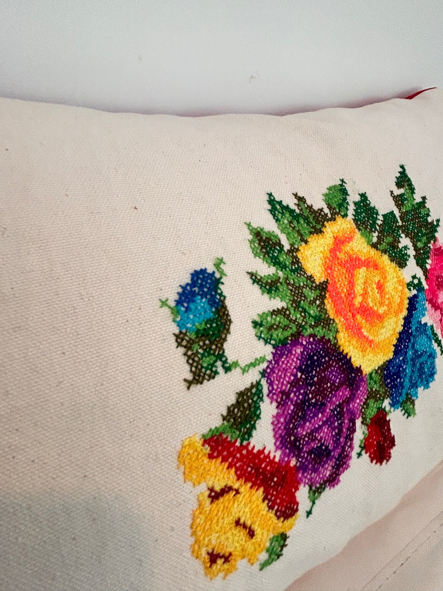 Floral Cross-Stitch Pillow Cover – Ivory & Red Velvet 9.5" x 12"