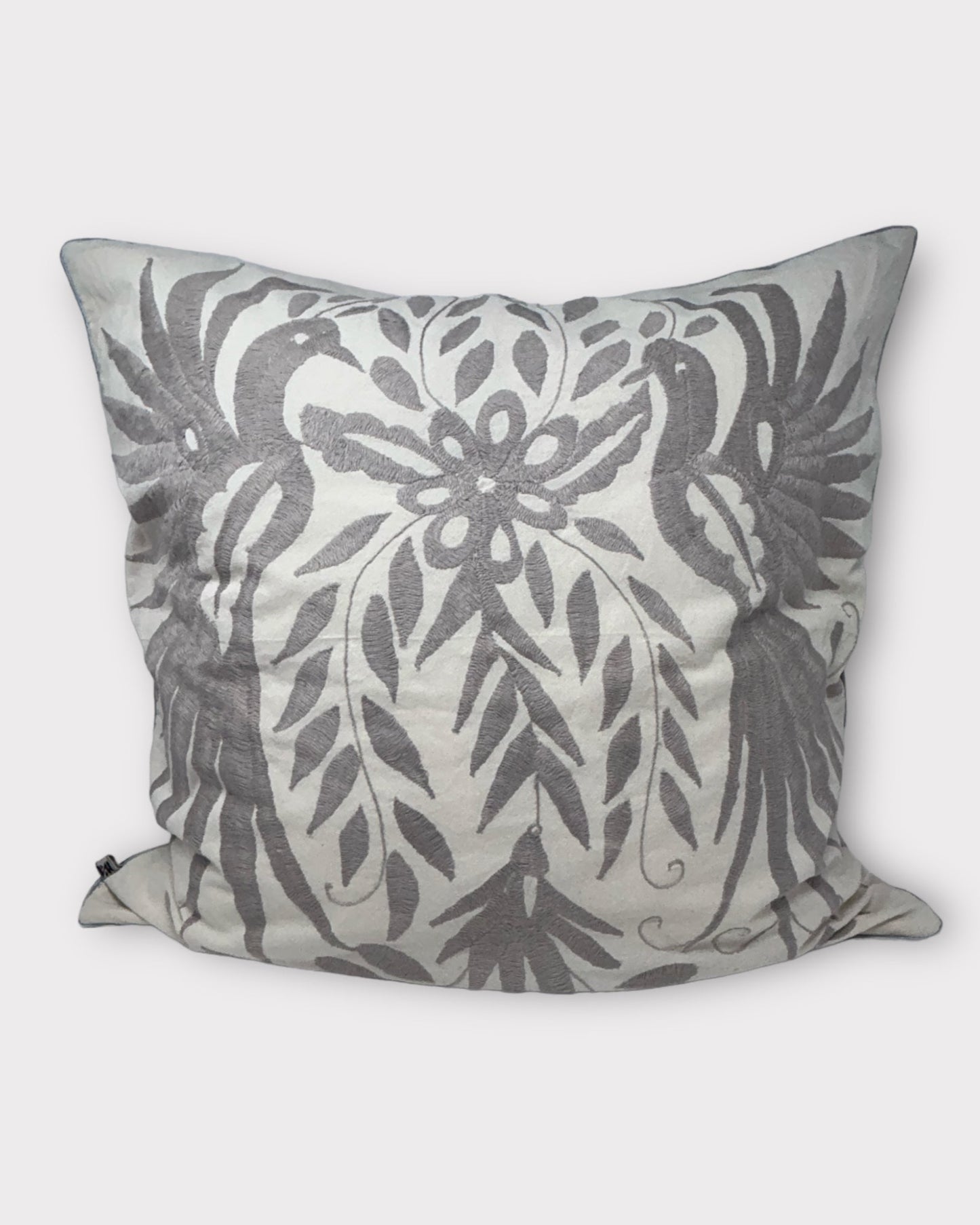 Handembroidered Otomi Pillow Cover – Silver & White 23"x23"