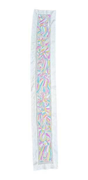 Hand Embroidered Otomí Table Runner | Mexican Textile Decor | Long Handmade Runner | Pastel Multicolor on Ivory cotton fabric | 12.5 x 78 Inches