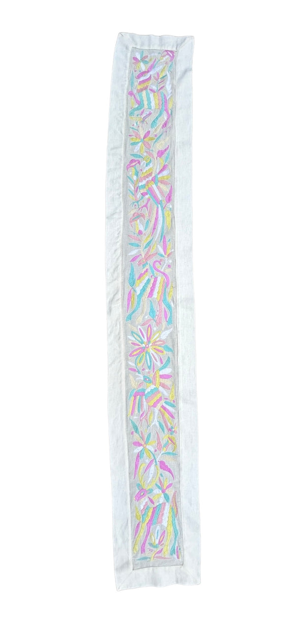 Hand Embroidered Otomí Table Runner | Mexican Textile Decor | Long Handmade Runner | Pastel Multicolor on Ivory cotton fabric | 12.5 x 78 Inches