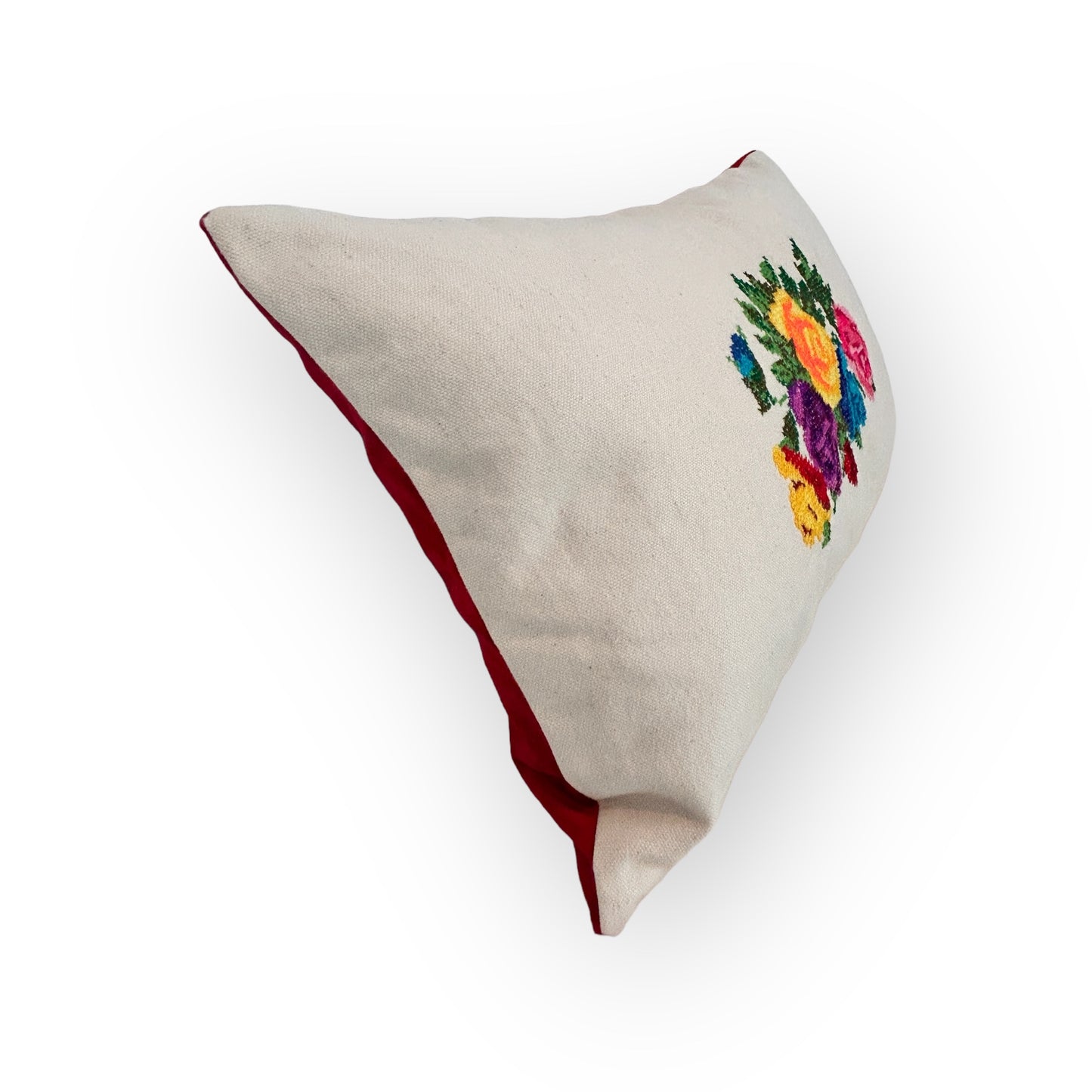 Floral Cross-Stitch Pillow Cover – Ivory & Red Velvet 9.5" x 12"