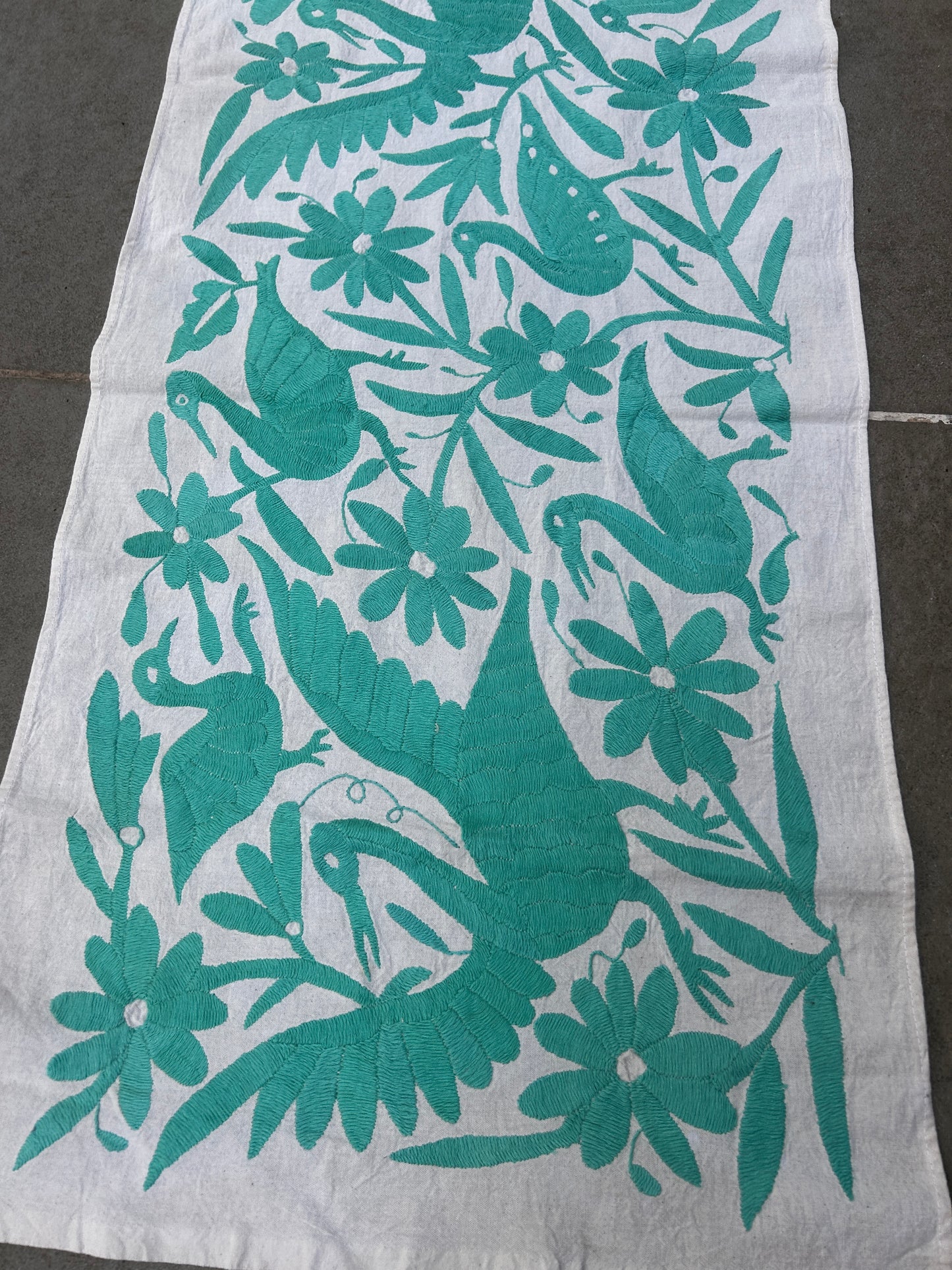 Hand-Embroidered Mexican Runner – Turquoise & Ivory Decor.  18"x74"