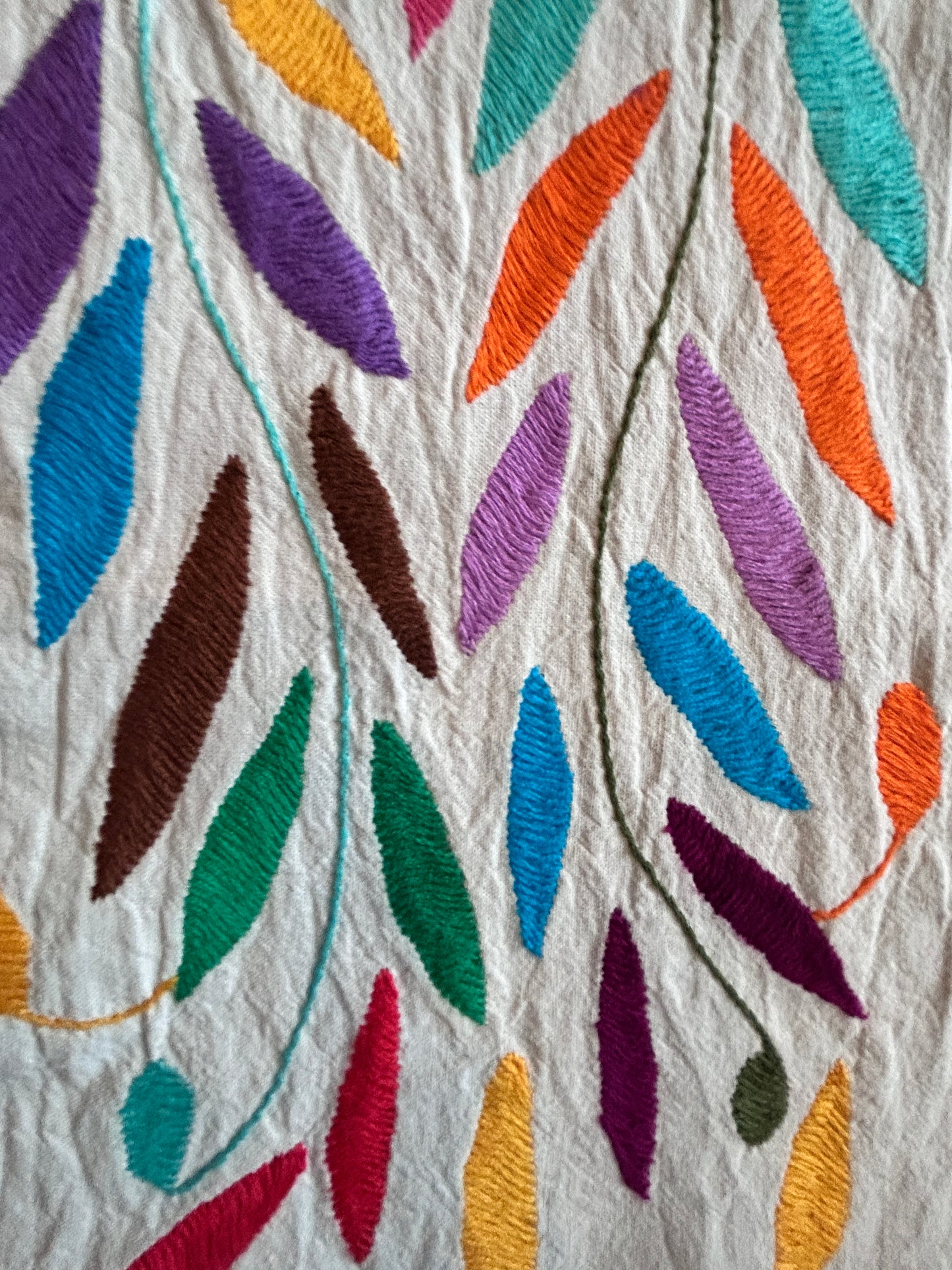 Hand-Embroidered Mexican Runner – Rainbow & Ivory 7.5" X 74" textile tapestry