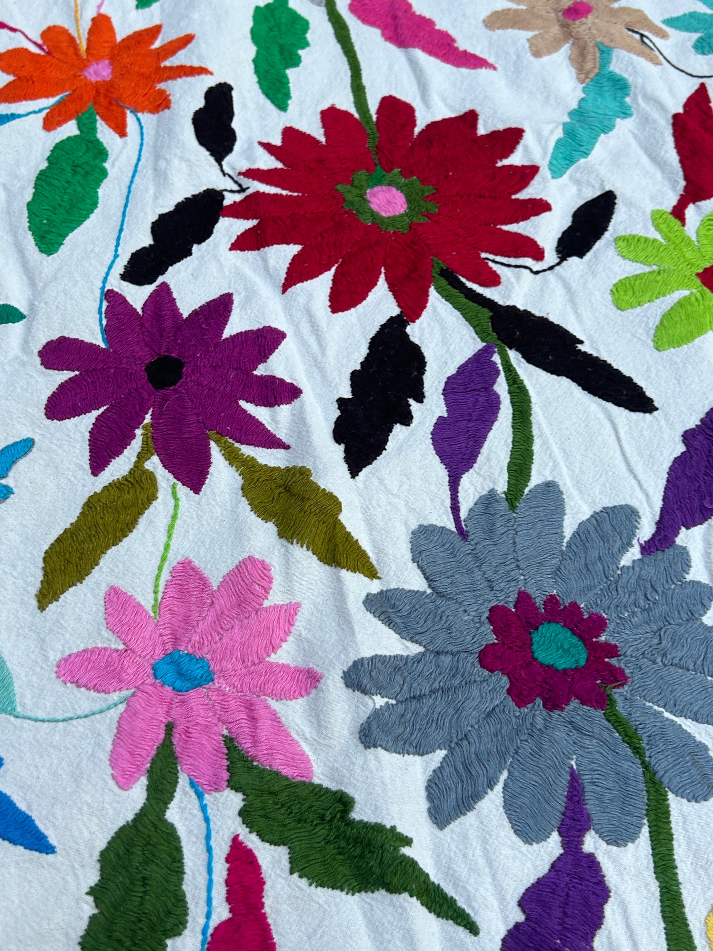 Handmade Otomi Embroidered Bedding or Tablecloth – Flowers Rainbow & Ivory (81"x91")