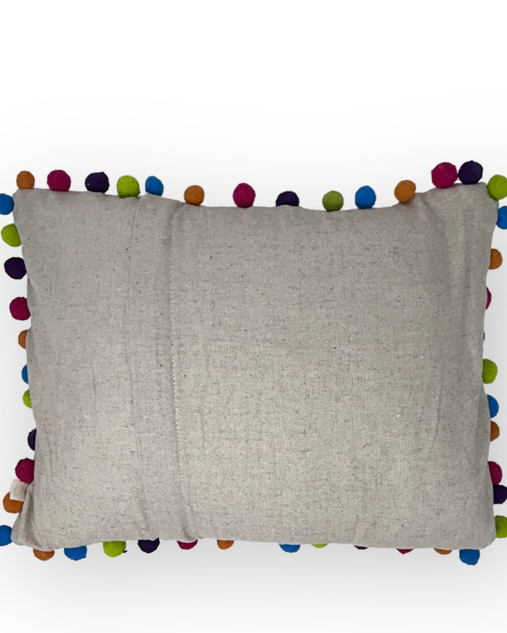 Cojín lumbar bordado Otomí de 13"x17" – Bordado de arcoíris y pompones y color marfil | Cojín mexicano hecho a mano, decoración bohemia para el hogar