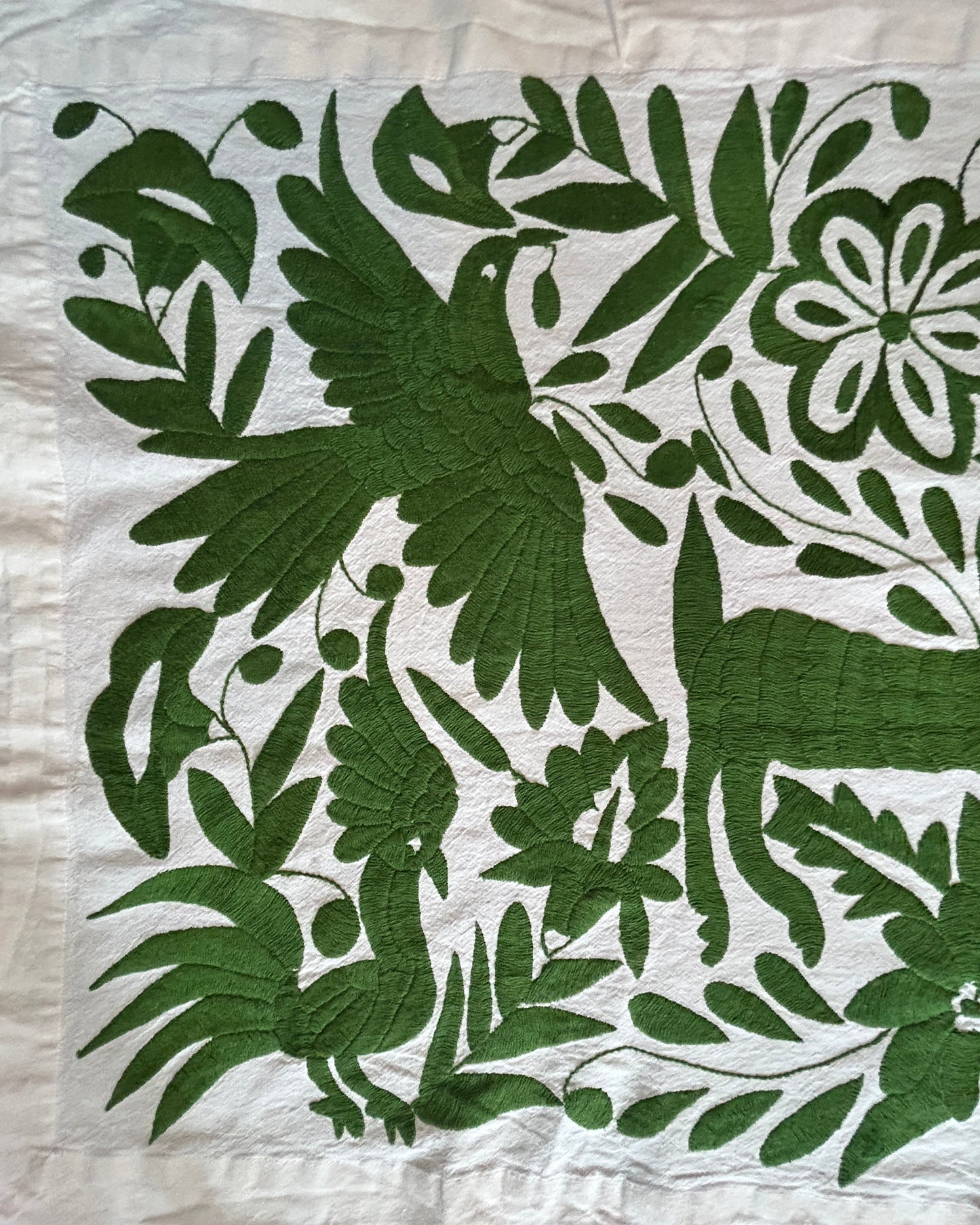 Hand-Embroidered Mexican XL Runner – Green & Ivory 24" X 98"