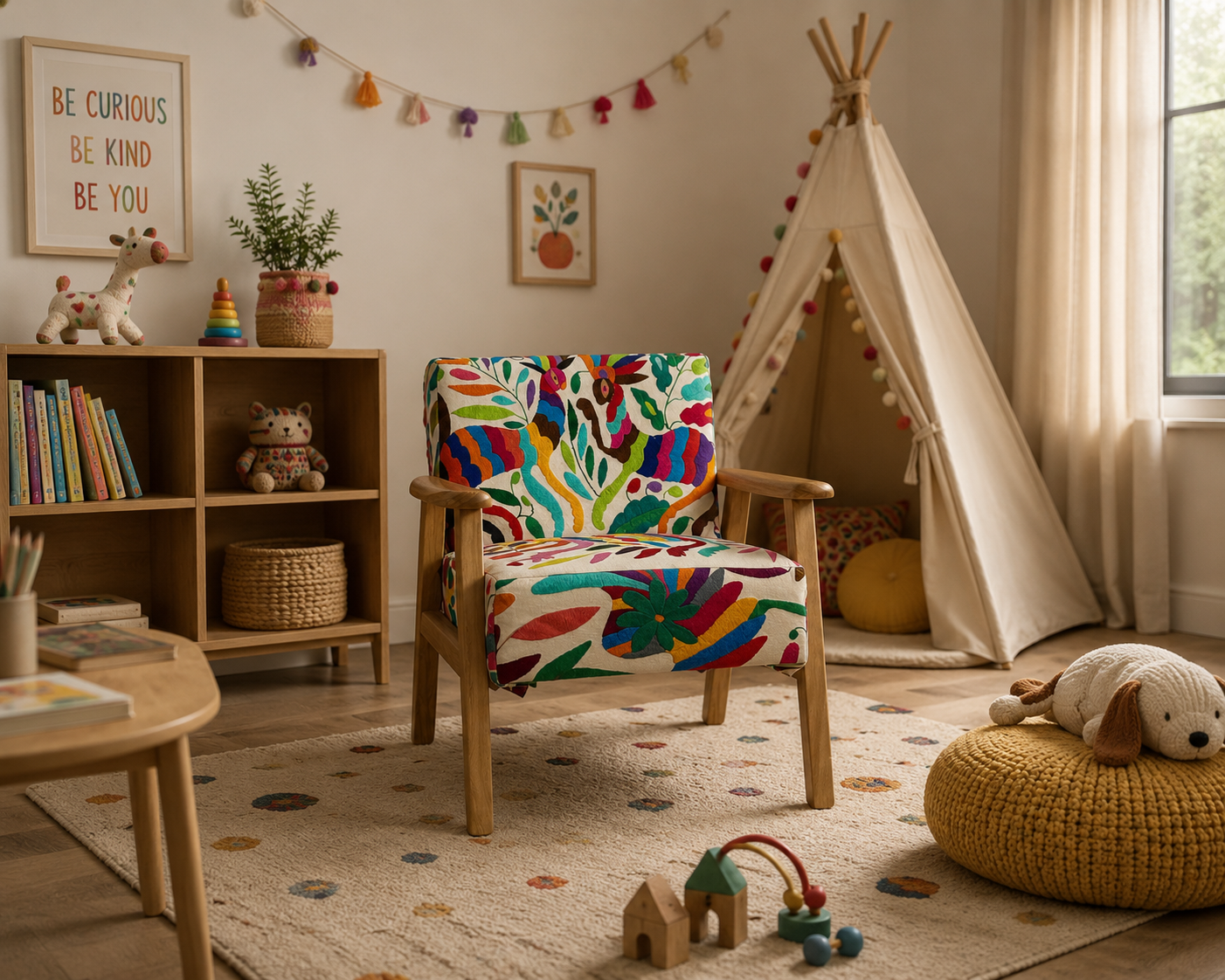 Hand Embroidered Otomi Kids Chair | Colorful Children's Accent Chair