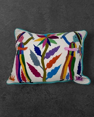 Otomí Hand Embroidered Lumbar Pillow 13"x17" – Rainbow & Ivory | Handmade Mexican Cushion, Boho Home Decor