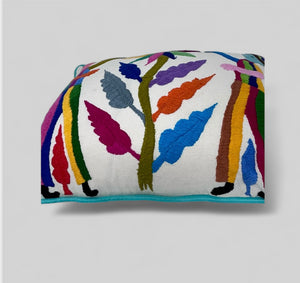 Otomí Hand Embroidered Lumbar Pillow 13"x17" – Rainbow & Ivory | Handmade Mexican Cushion, Boho Home Decor