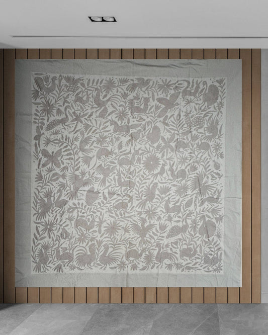 Hand-Embroidered Otomi Wall Art – Silver & Ivory Boho Decor 76" X 68"