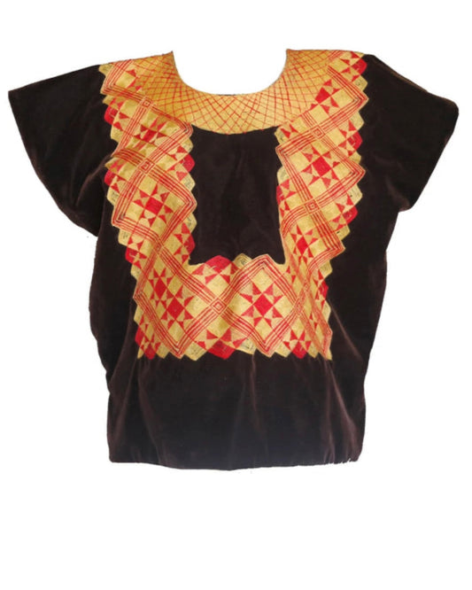 Handmade Frida Kahlo Inspired Boho Blouse – Vintage Mexican Embroidered Velvet Top