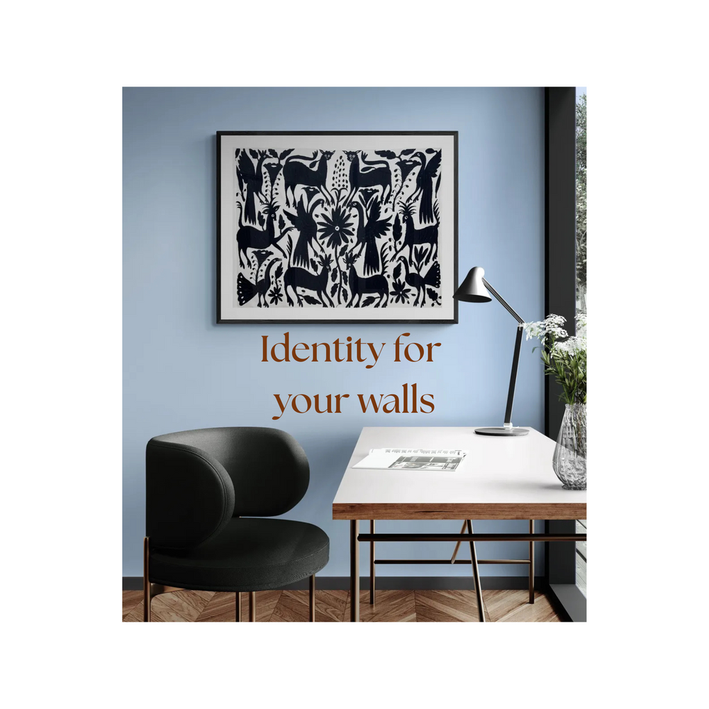 Textil Otomi bordado a mano| Decoración de pared única en negro y marfil | Agustina de Noche