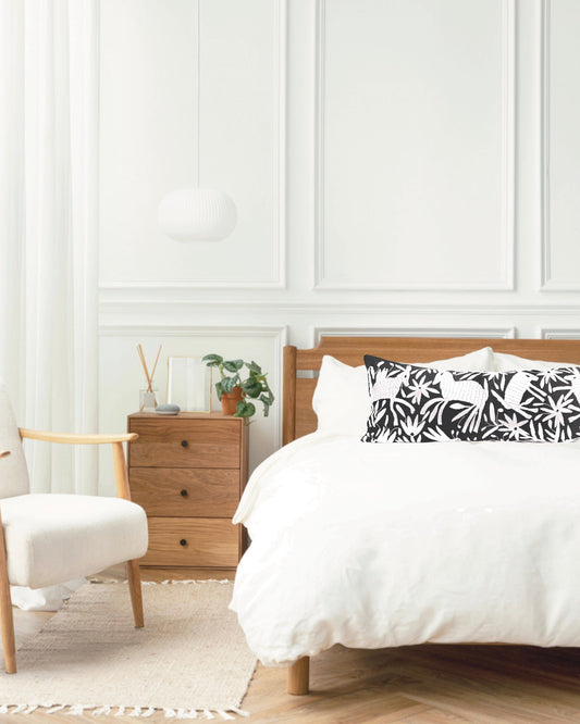 Hand-Embroidered XL Lumbar Pillow Cover – Black & White 13"x36"