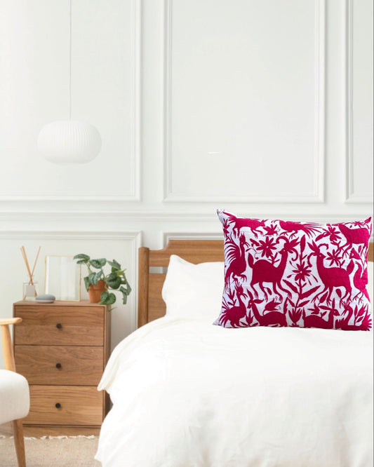 Hand-Embroidered XL Pillow Cover – Red & Ivory 24" x 36"