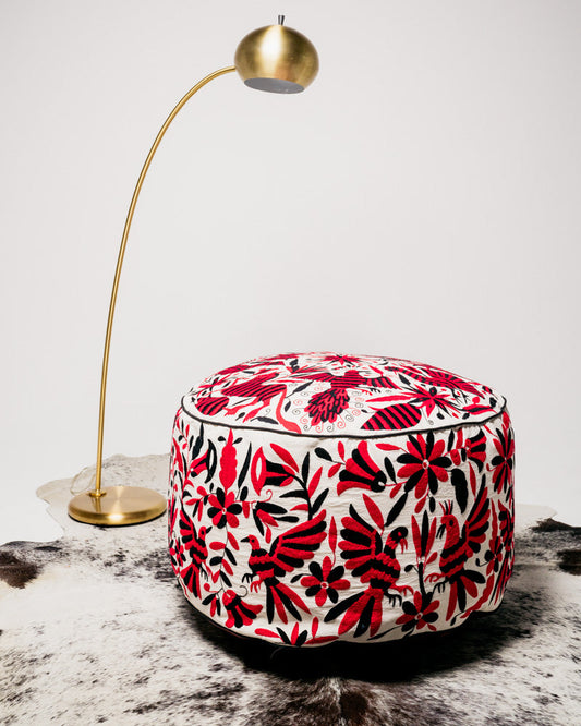 Hand-Embroidered Otomi Pouff– Black & Red, Unique Piece 24" R