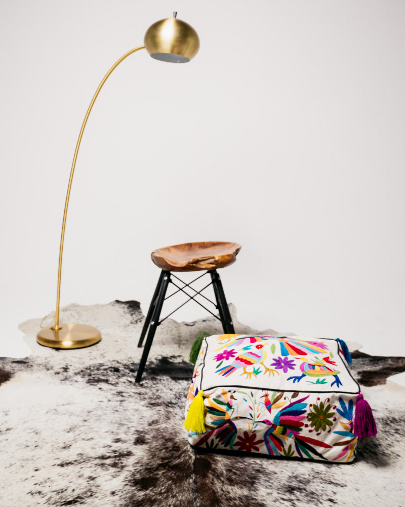Hand-Embroidered Otomi Pouff– Rainbow & Ivory, Unique Piece 18" X 18"