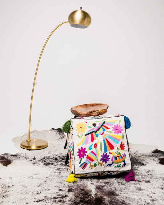 Hand-Embroidered Otomi Pouff– Rainbow & Ivory, Unique Piece 18" X 18"