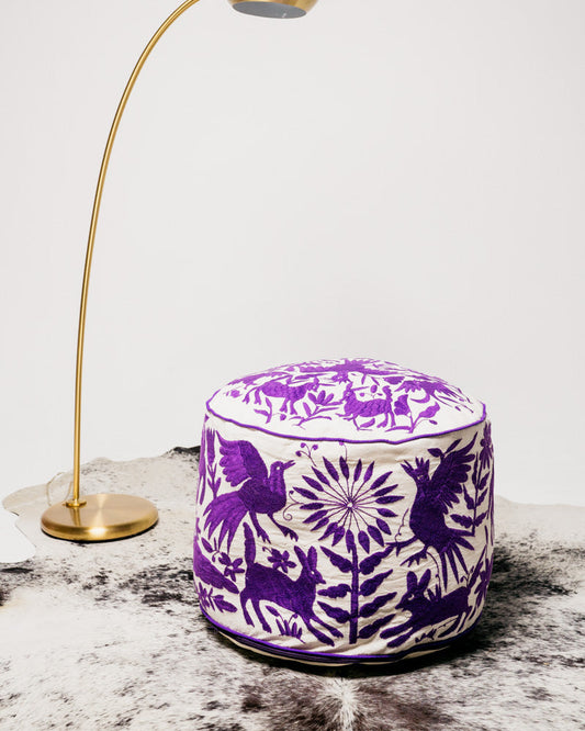 Hand-Embroidered Otomi Round Pouff – Purple & Ivory, Unique Piece 18" R