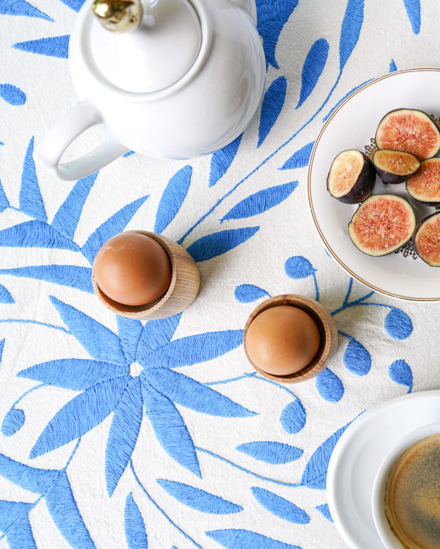 Handmade Mexican Otomi Embroidered Bedding or Tablecloth– Blue & Ivory (84"x85")