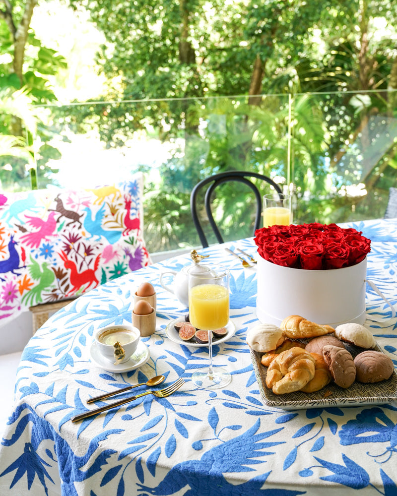 Handmade Mexican Otomi Embroidered Bedding or Tablecloth– Blue & Ivory (84"x85")