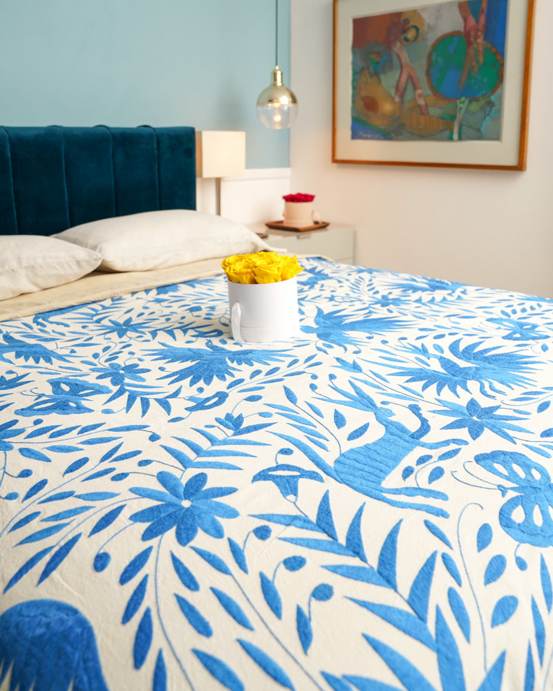 Handmade Mexican Otomi Embroidered Bedding or Tablecloth– Blue & Ivory (84"x85")