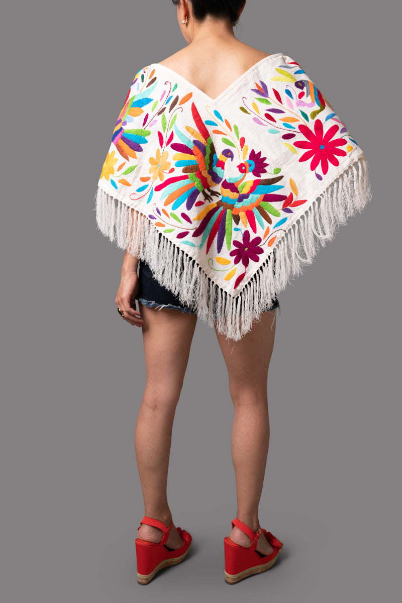 Handembroidered Otomi Poncho. Multicolor Floral & Fauna Design