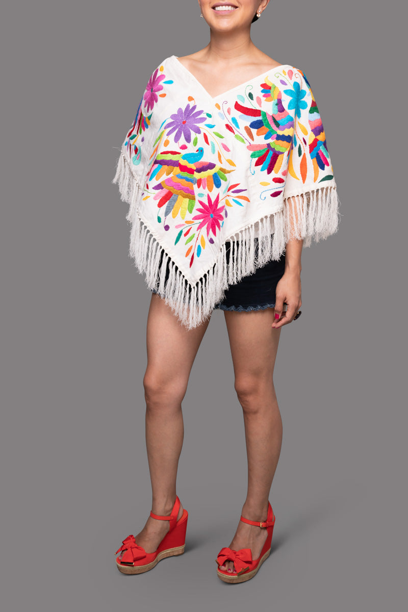 Handembroidered Otomi Poncho. Multicolor Floral & Fauna Design