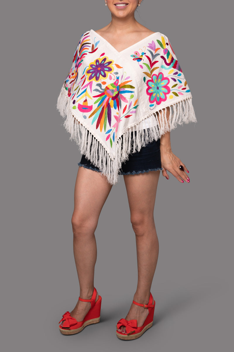 Handembroidered Otomi Poncho. Multicolor Floral & Fauna Design