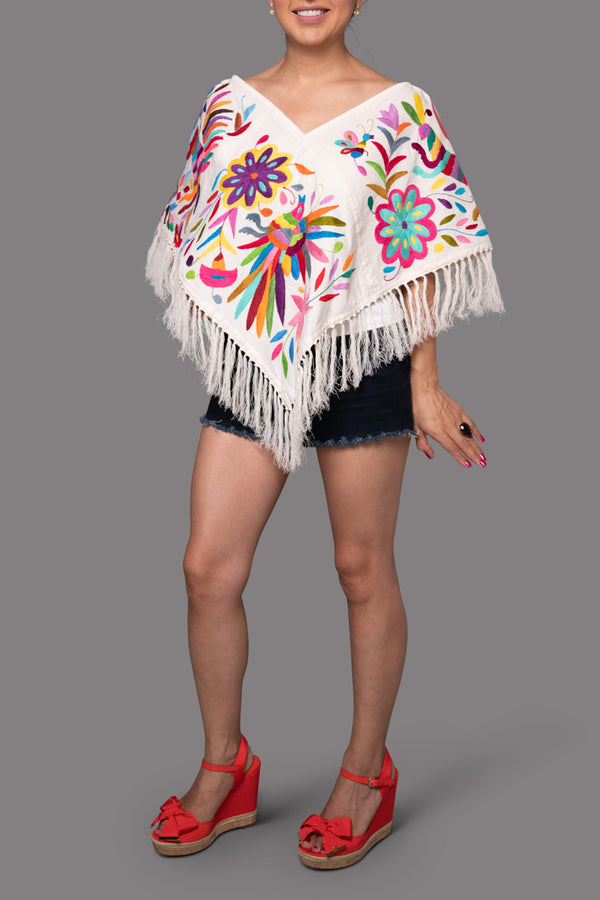 Handembroidered Otomi Poncho. Multicolor Floral & Fauna Design