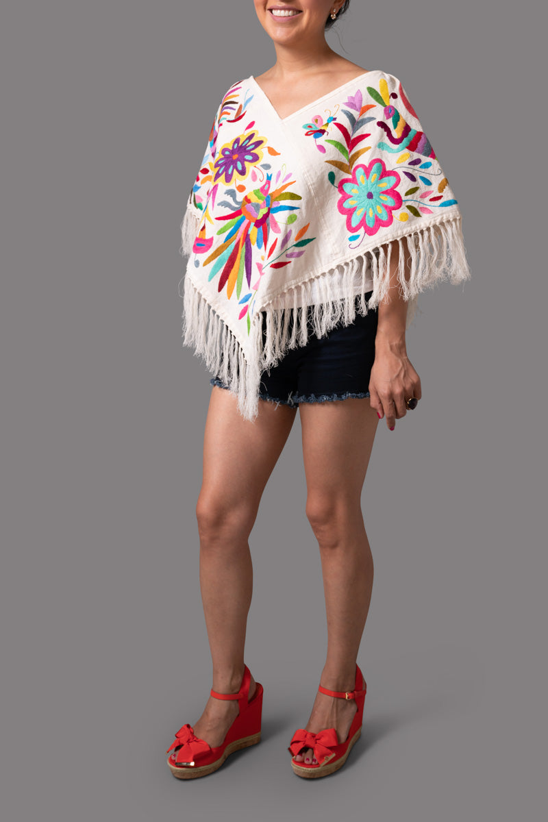 Handembroidered Otomi Poncho. Multicolor Floral & Fauna Design