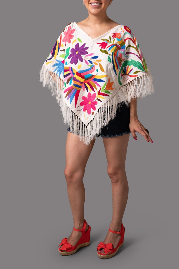 Handembroidered Otomi Poncho. Multicolor Floral & Fauna Design