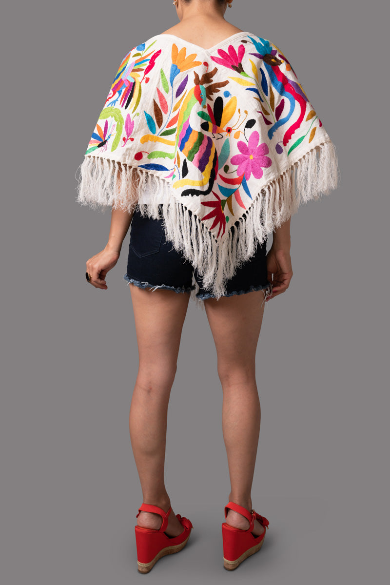 Handembroidered Otomi Poncho. Multicolor Floral & Fauna Design