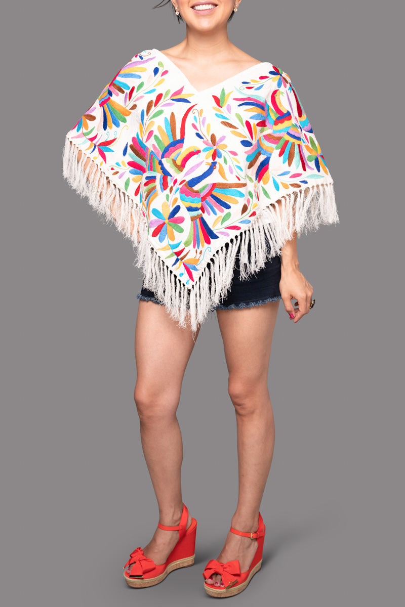 Handembroidered Otomi Poncho. Multicolor Floral & Fauna Design