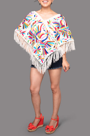 Handembroidered Otomi Poncho. Multicolor Floral & Fauna Design