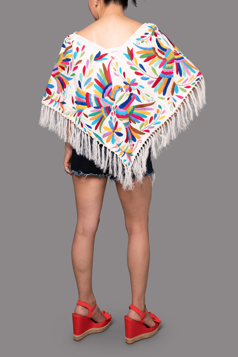 Handembroidered Otomi Poncho. Multicolor Floral & Fauna Design