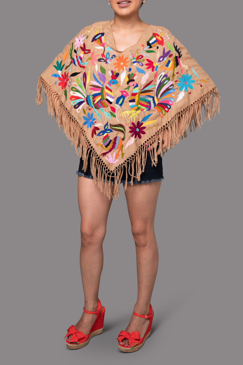 Handembroidered Otomi Poncho. Multicolor Floral & Fauna Design