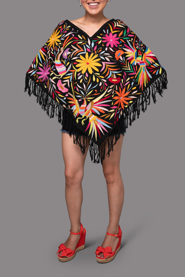 Handembroidered Otomi Poncho. Multicolor Floral & Fauna Design
