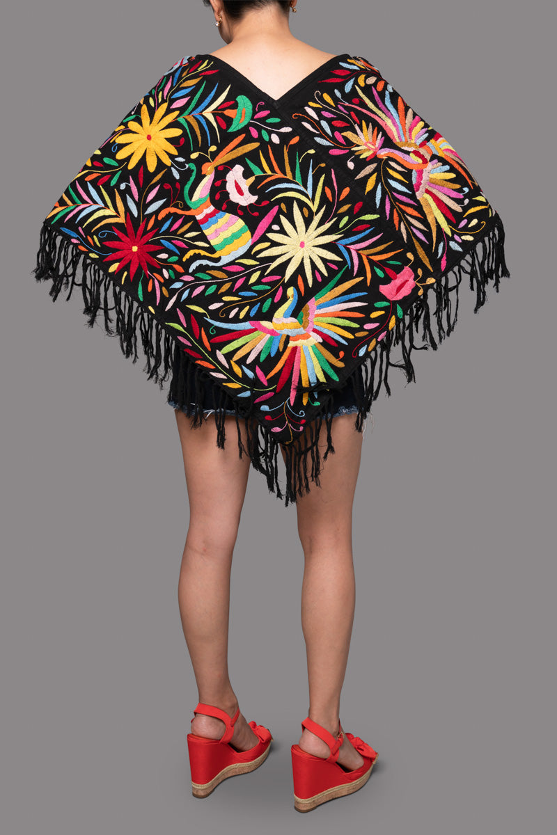 Handembroidered Otomi Poncho. Multicolor Floral & Fauna Design