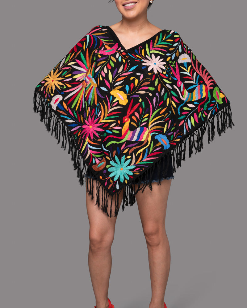 Handembroidered Otomi Poncho. Multicolor Floral & Fauna Design