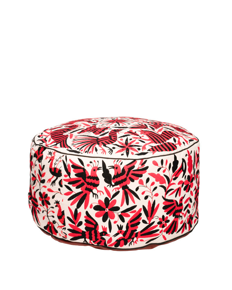 Hand-Embroidered Otomi Pouff– Black & Red, Unique Piece 24" R