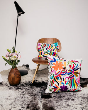 Hand-Embroidered Otomi Pillow Cover – Rainbow & White 23" x 23"
