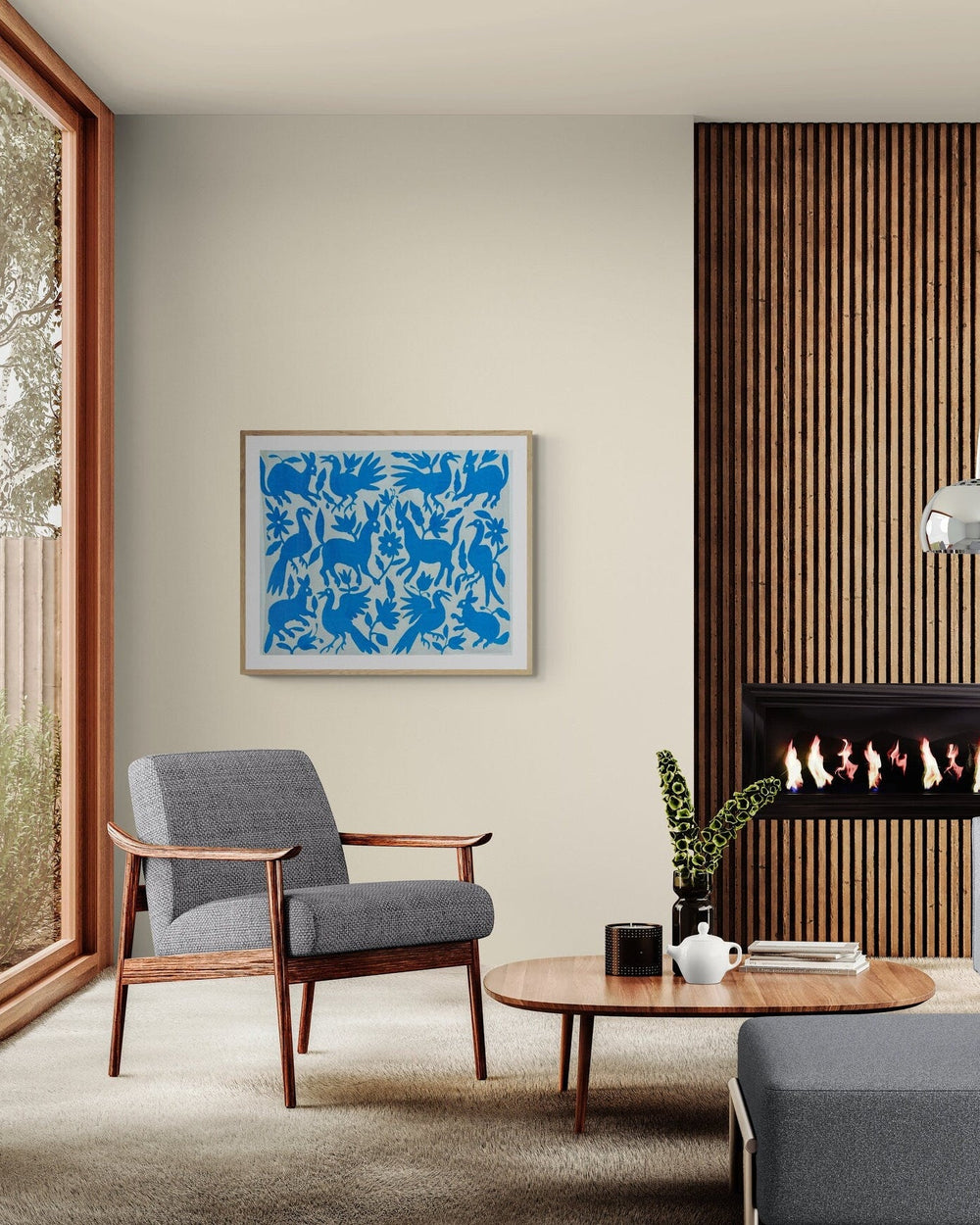 Arte de pared Otomí bordado a mano – Decoración bohemia cian y marfil. 66 x 89 cm.