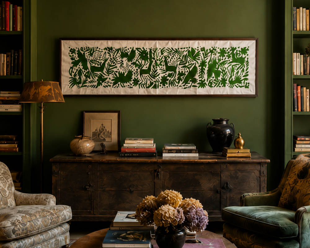 Arte Textil Otomi bordado a mano | Jardín de Medianoche | Textil mural Mexicano
