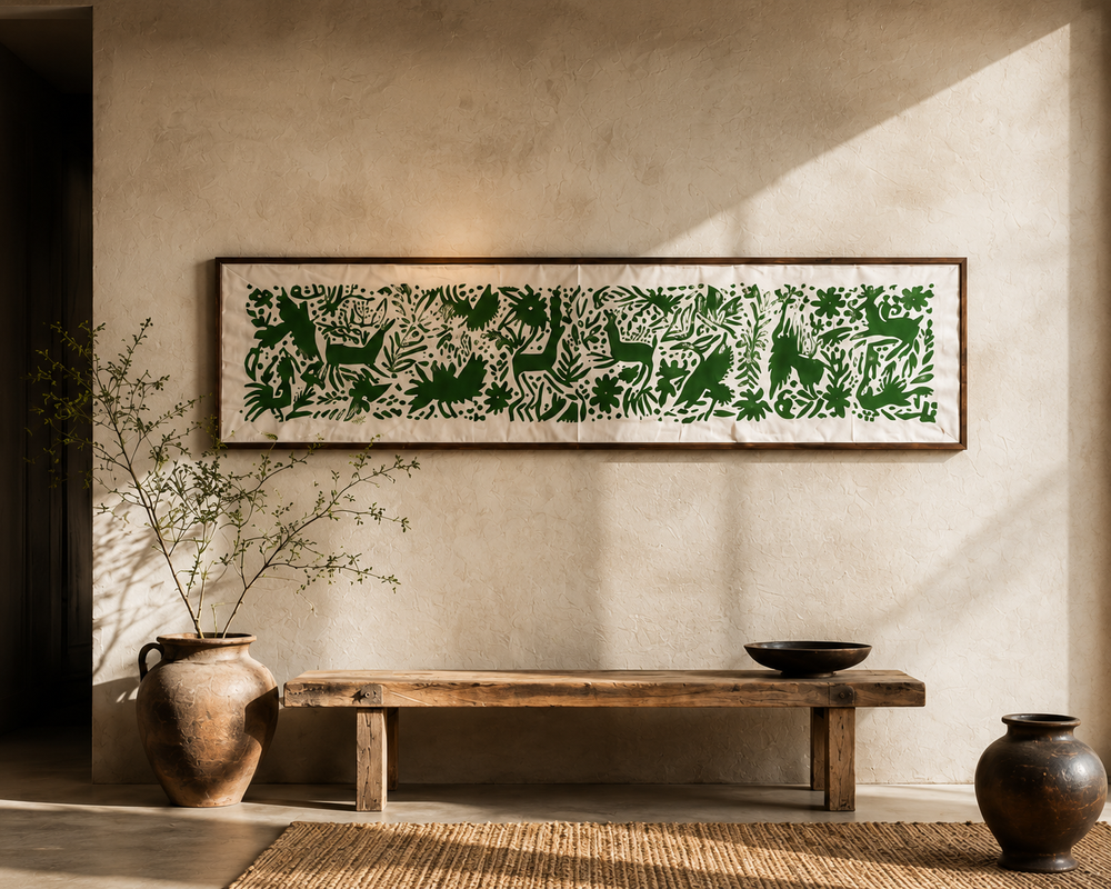 Arte Textil Otomi bordado a mano | Jardín de Medianoche | Textil mural Mexicano