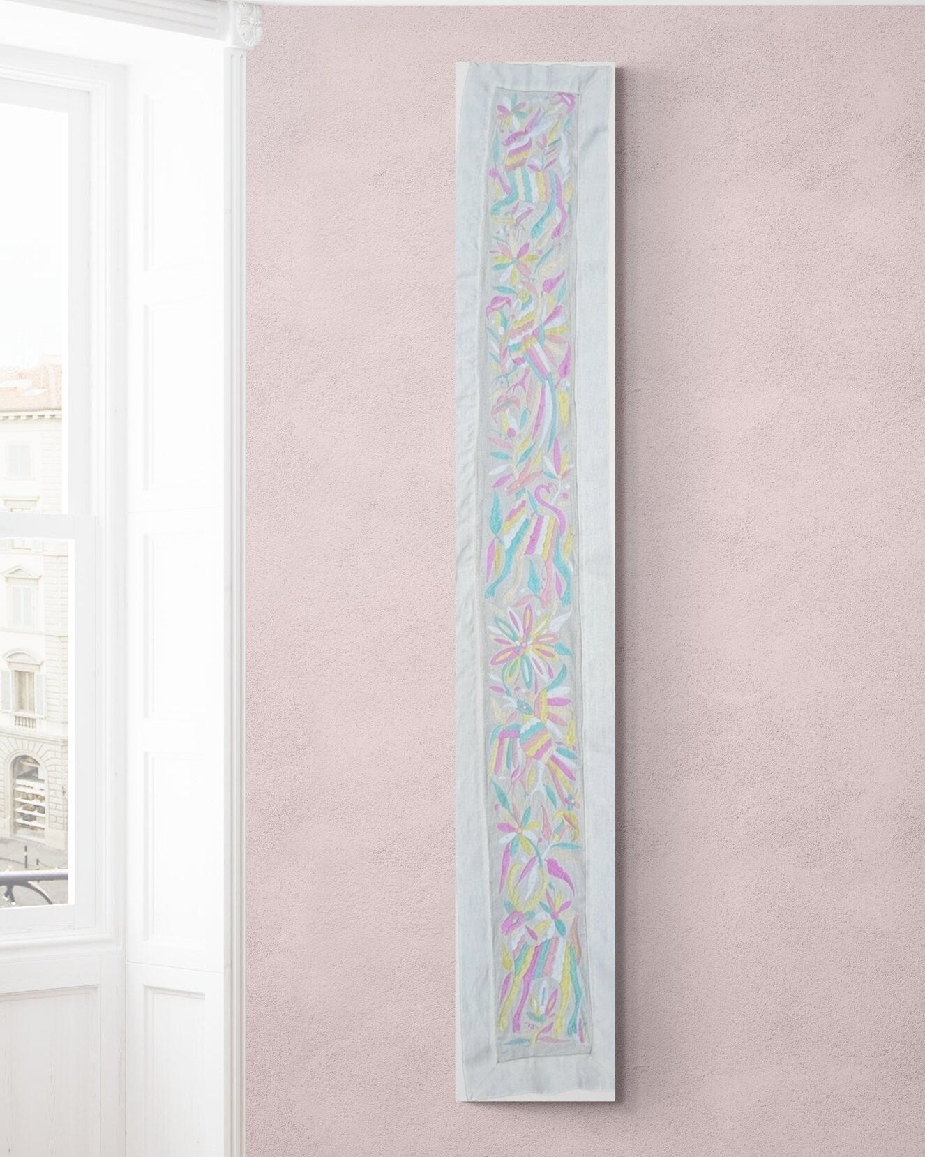 Hand embroidered bed or table runner, Wall art, otomi embroidery, 12.5" x 78" pastel tones