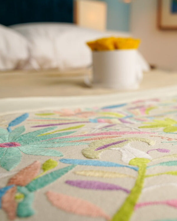 Hand Embroidered Otomí Table Runner | Mexican Textile Decor | Long Handmade Runner | Pastel Multicolor on Ivory cotton fabric | 12.5 x 78 Inches