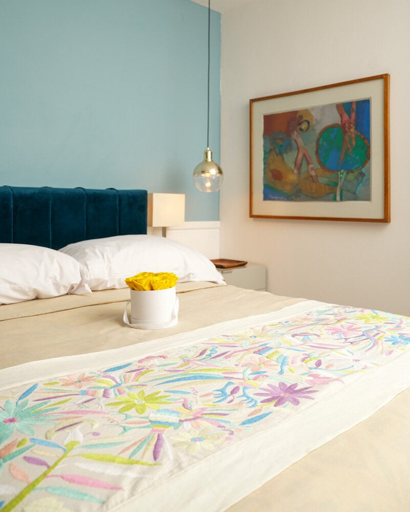 Hand embroidered bed or table runner, Wall art, otomi embroidery, 12.5" x 78" pastel tones