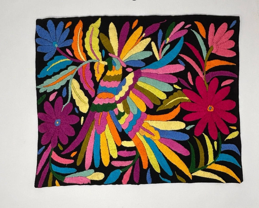 Mantel Individual Otomí bordado a mano | Arte textil mexicano contemporáneo | Tela negra con bordado arcoíris