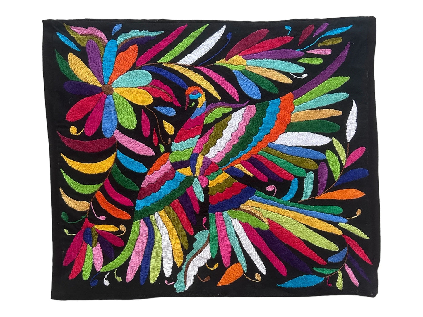Hand Embroidered Otomi Placemat | Contemporary Mexican Textile Art | Black fabric with Rainbow embroidery